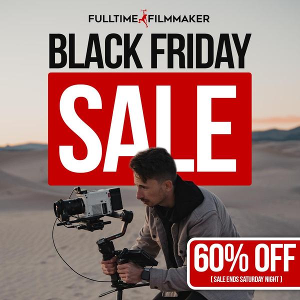 A high-contrast promotional creative featuring a filmmaker in a desert setting with bold, red-block typography highlighting a 60% off discount.