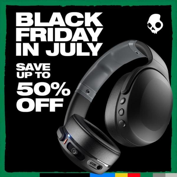 A high-contrast promotional graphic featuring a pair of premium wireless headphones and clear discount messaging for a mid-year sale.