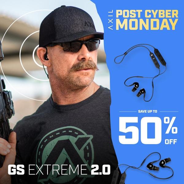 A split-screen promotional creative featuring a high-contrast hero shot of a tactical-style user wearing earbuds and a clear product cutout with pricing.