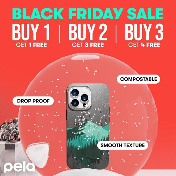 A festive product advertisement featuring a phone case inside a snow globe with a clear discount offer.