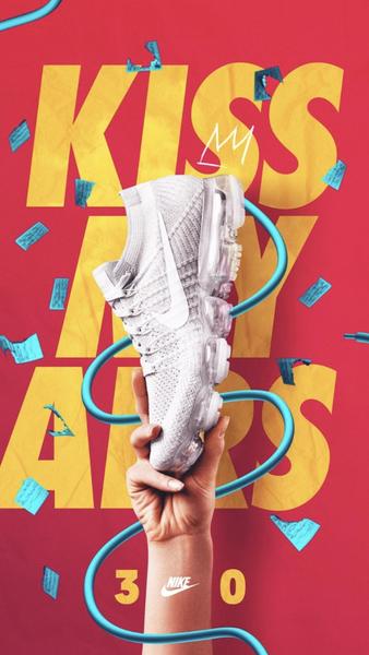 A vertical-ratio advertisement featuring a single running shoe held prominently against a vibrant red backdrop with stylized, oversized yellow typography.
