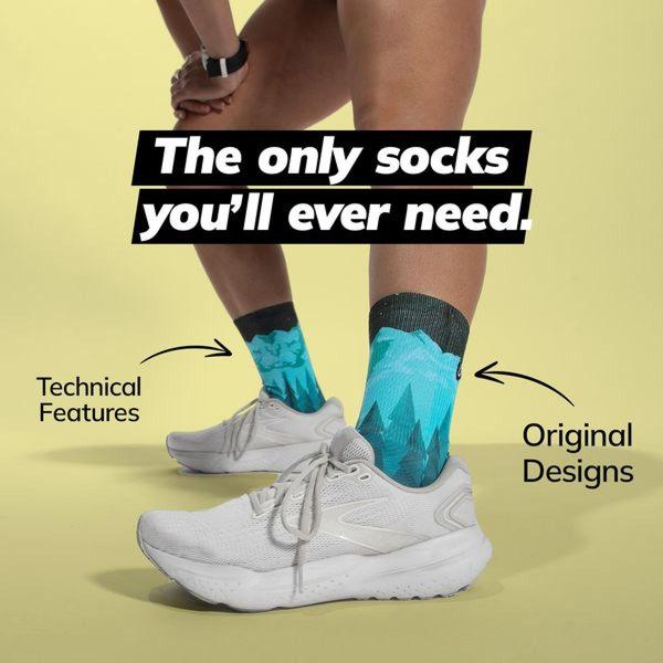 A clean, minimalist 1:1 ad creative highlighting technical sock features and unique design aesthetic through direct, bold typography.