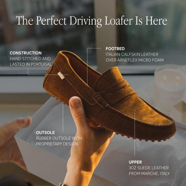 A clean, high-contrast ad featuring a hand-held suede loafer with clear call-outs for material and construction quality.