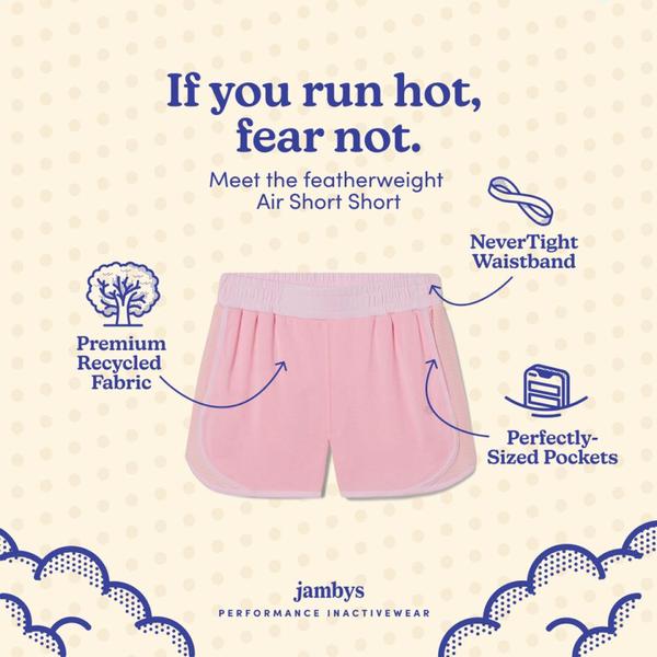 A clean, minimalist 1:1 square ad showing product features with annotated callouts to highlight the featherweight and breathable nature of the shorts.
