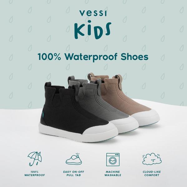 This creative showcases a trio of kids shoes against a soft, water-patterned background, highlighting key benefits through minimal icons.