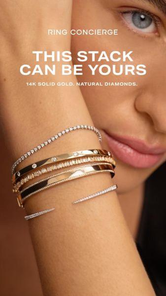 A close-up vertical ad showing a woman wearing a curated stack of high-end gold and diamond bracelets.