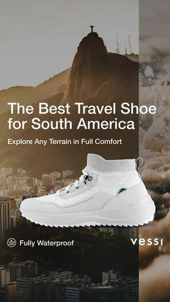 A vertical ad creative for a performance running shoe, set against a recognizable travel landmark to anchor the product in a specific lifestyle context.