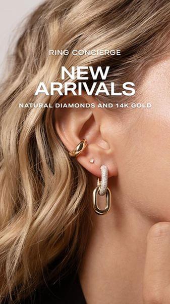 A close-up profile shot focusing on a model wearing new 14k gold earrings and an ear cuff. The creative uses a soft, minimalist aesthetic to draw attention to the product details.