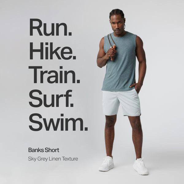 A clean, studio-lit lifestyle shot of a model wearing the Banks Short, accompanied by a list of five versatile use cases to highlight utility.