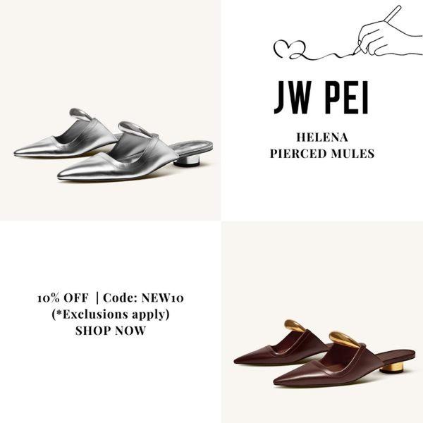 This ad creative utilizes a balanced 1:1 grid layout to showcase two different color variations of pierced mules with a clear discount offer.