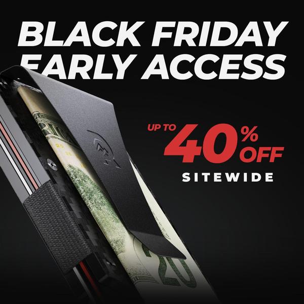 A high-contrast promotional graphic featuring a sleek metal minimalist wallet with cash, highlighting an early access sitewide sale.