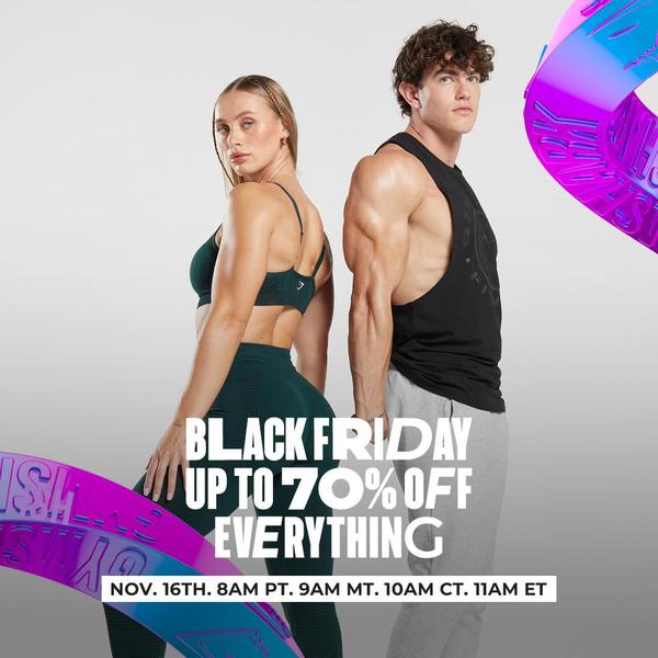 A clean, high-contrast promotional graphic featuring two models in fitness gear promoting a 70% off site-wide Black Friday sale.