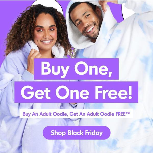 A split-screen creative featuring two models wearing oversized hoodie blankets with a clear, bold promotional text overlay for a Black Friday offer.