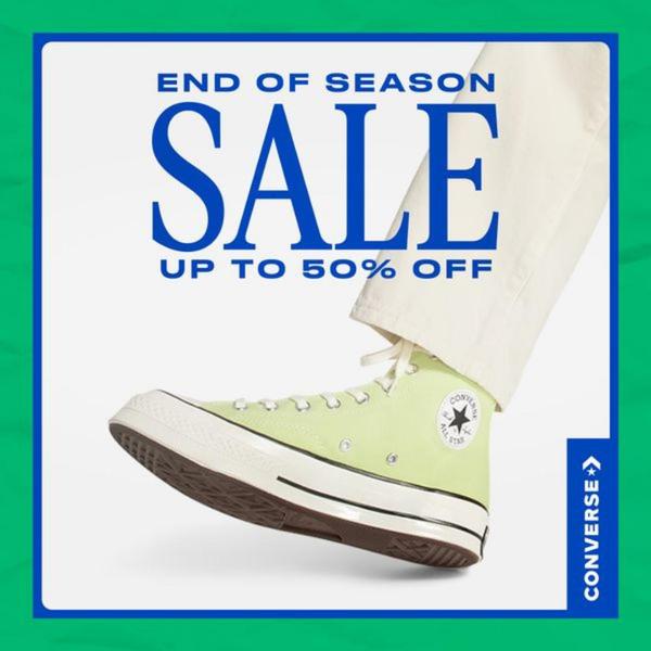 A clean, square-format advertisement showcasing a high-top sneaker in a minimalist setting to announce an end-of-season sale.