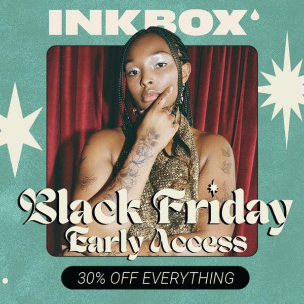A promotional social ad featuring a model showcasing temporary tattoos with a clear Black Friday offer.