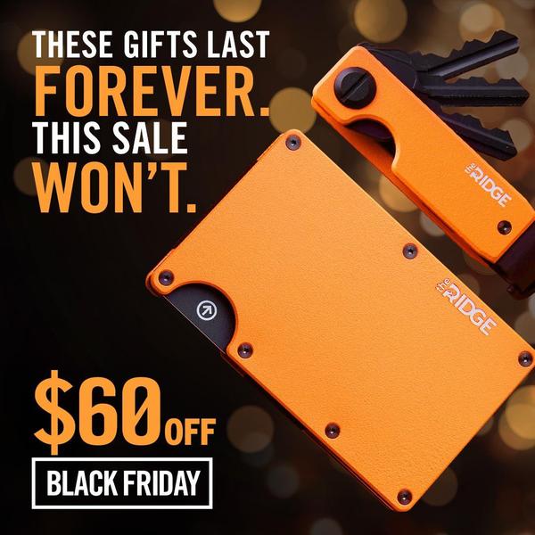 A high-contrast 1:1 image featuring a bright orange minimalist wallet and matching key organizer against a blurred, dark festive background with bold text emphasizing scarcity and savings.
