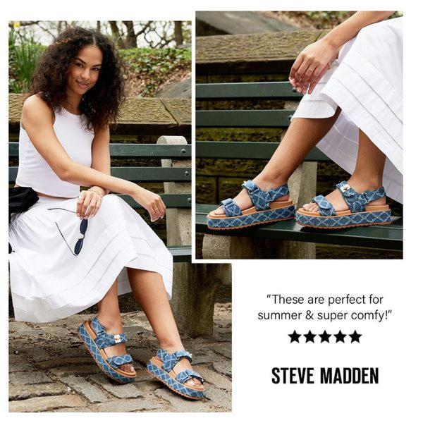 A square-format ad featuring a model wearing platform sandals in a casual outdoor setting, paired with a five-star customer review.