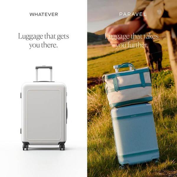 This creative uses a split-screen design to compare a generic suitcase to the brand's product, highlighting a shift from basic utility to an adventurous lifestyle.