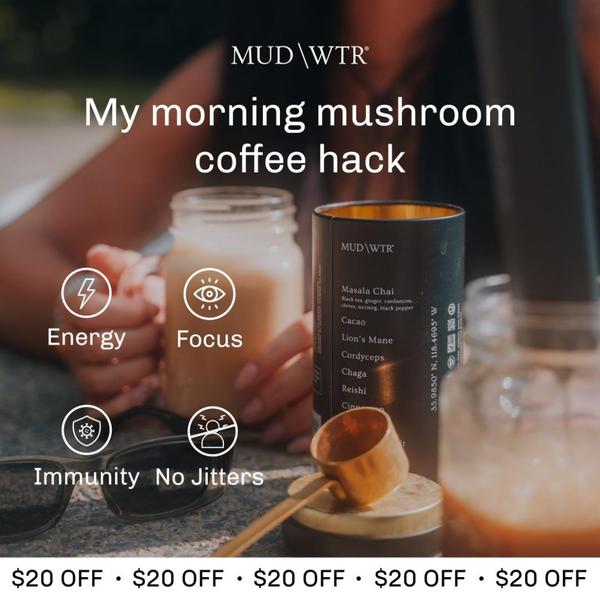 A high-contrast lifestyle photo featuring mushroom coffee packaging, benefit icons, and a clear discount offer overlay.