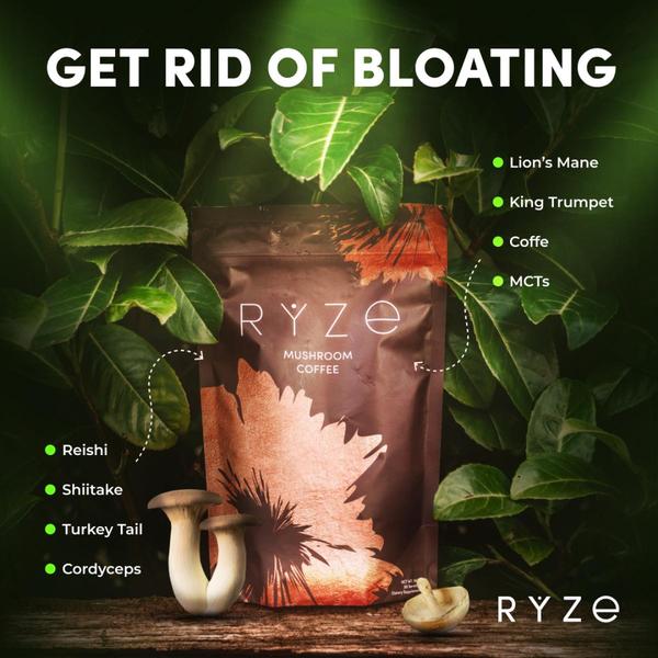 A clear, educational creative that highlights key ingredients of mushroom coffee to directly address customer bloating concerns.