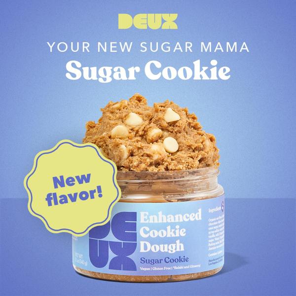 A high-contrast, product-focused 1:1 image featuring a jar of Sugar Cookie dough with a bold yellow 'New Flavor' badge.