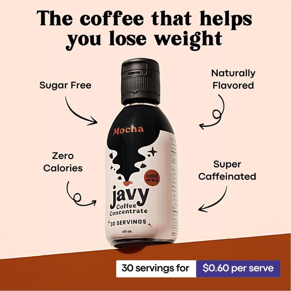 A minimalist, benefit-focused ad for coffee concentrate highlighting health advantages through a clean bullet-point layout.