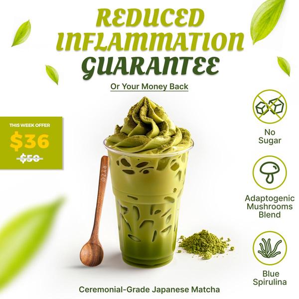 A clean, benefit-focused ad showcasing a matcha beverage with clear health claims, ingredient highlights, and a money-back offer.