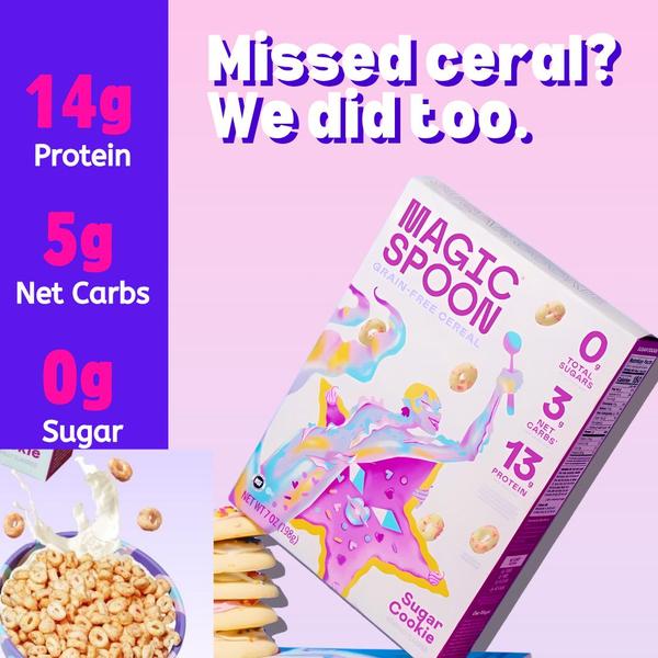 A split-layout ad creative using bold typography and product imagery to highlight nutritional benefits against a soft, pastel brand background.