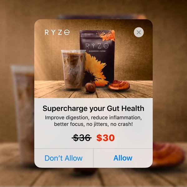 A square format ad creative presenting mushroom coffee with a clear value proposition, price-drop incentive, and direct benefit-focused headline.