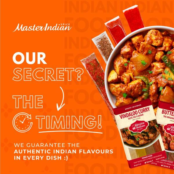 A visually compelling 1:1 square ad for Indian spice kits that uses a curiosity-based hook to emphasize the speed and ease of authentic cooking.