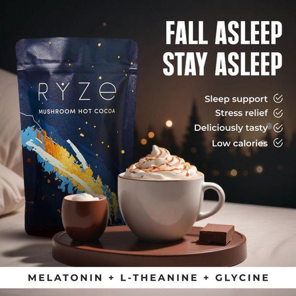 A dark, atmospheric shot of hot cocoa with a product bag that highlights benefits like stress relief and improved sleep quality.