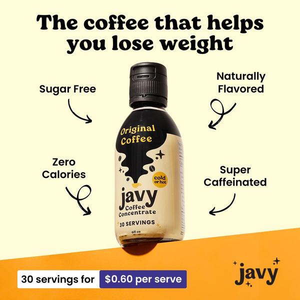 A 1:1 benefit-led creative for coffee concentrate highlighting four key product value propositions: sugar-free, zero calories, naturally flavored, and high caffeine.