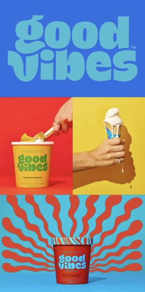 A split-screen and tri-panel layout showcasing different ice cream flavors against bold, saturated color backgrounds with stylized, playful compositions.