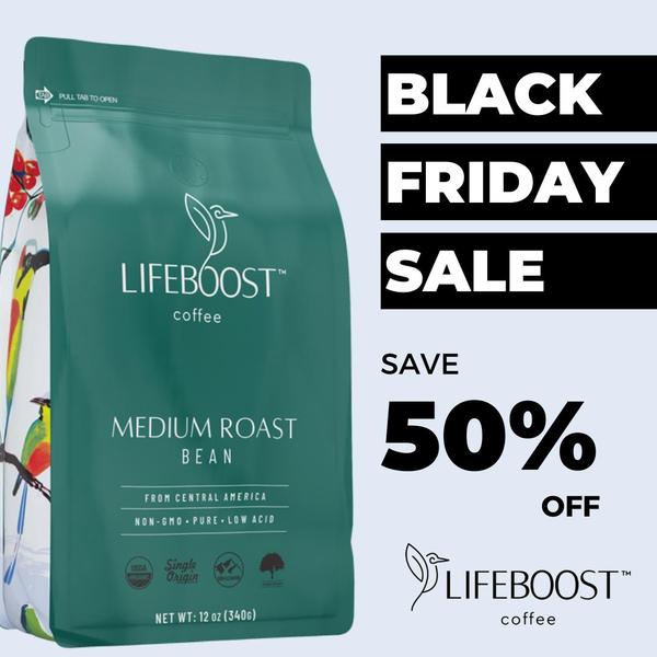 A high-contrast promotional graphic highlighting a 50% off Black Friday discount for a medium roast coffee bean bag.