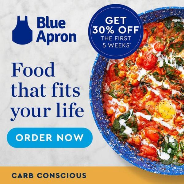 A square-format ad for a meal kit service featuring a high-quality, appetizing image of a freshly prepared skillet meal with a clear 30% discount offer.