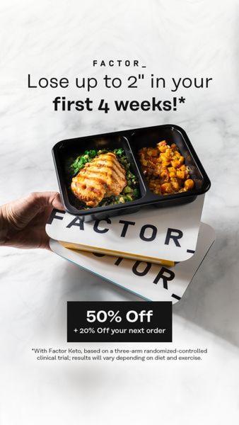 A vertical ad creative using a high-contrast product shot and a clear, time-bound health claim to drive conversions for meal delivery services.