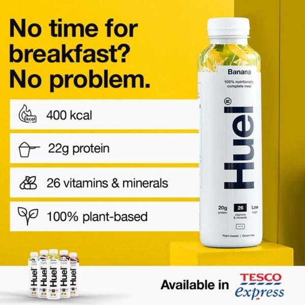 This static 1:1 creative uses a direct question hook and bulleted product benefits to position a meal replacement drink as the ideal solution for busy mornings.