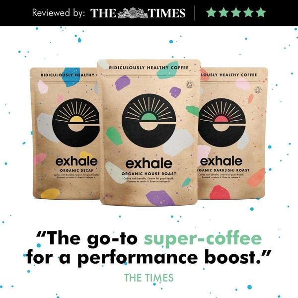 A clean, minimalist 1:1 image featuring three bags of organic coffee centered on a white background, highlighted by a bold, authoritative press review.
