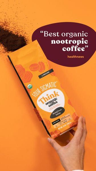 A vertical 9:16 mobile ad for organic nootropic coffee featuring a third-party publication quote to build instant credibility.