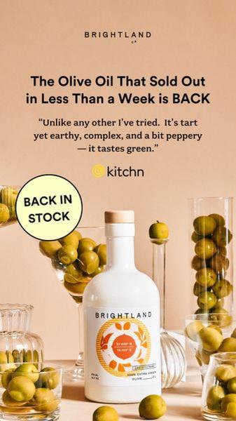 This ad creative features a high-end olive oil bottle surrounded by natural olives with a social proof headline highlighting its scarcity and unique taste.
