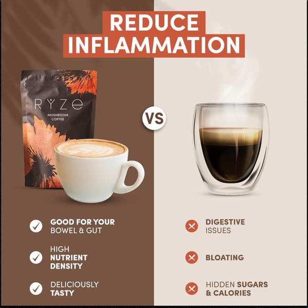 A high-contrast 1:1 image featuring a side-by-side comparison of mushroom coffee against standard black coffee to clearly illustrate health advantages.