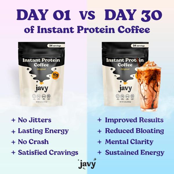 A split-screen comparison showing the product alone versus the product mixed in a drink, highlighting health benefits for each stage.