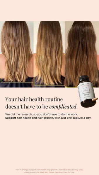 A vertical 9:16 ad featuring a three-panel before-and-after hair progression display next to a single bottle of the hair supplement.
