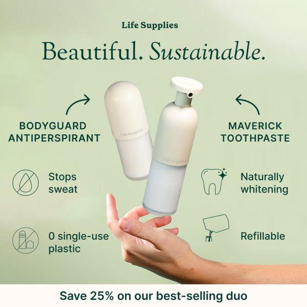 A clean, minimalist product ad showcasing two refillable containers with benefit-driven icons and clear value propositions for the consumer.