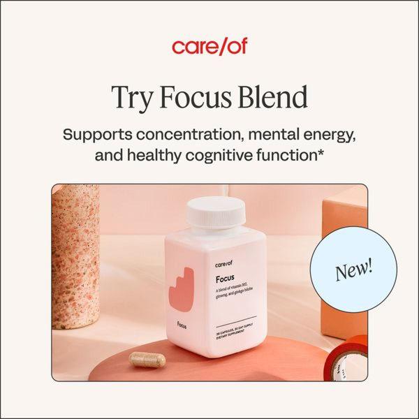 This dietary supplement ad uses a clean, bright, and centered product shot to showcase a new mental focus blend with clear benefit-led copy.