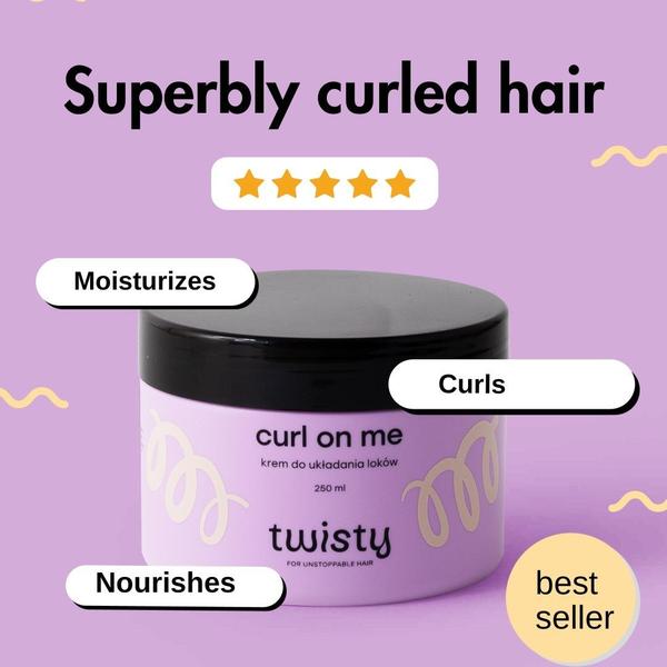 A clean, square-format ad creative showcasing a curl cream product with highlighted benefits and a five-star social proof indicator.