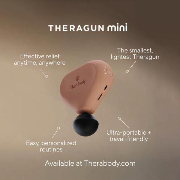 A high-contrast, minimalist studio shot of a Theragun Mini using clear lines and text overlays to communicate four distinct product benefits.