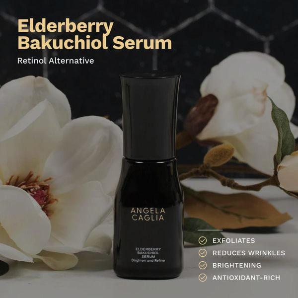 facial serum, anti aging serum, skincare serum, face treatment, retinol alternative, brightening serum, elderberry serum, product launch, minimalist, luxurious, black, gold