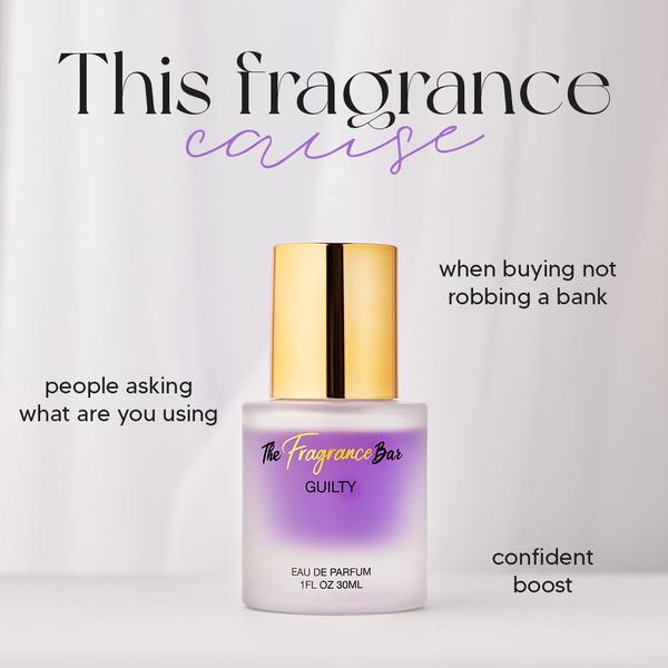 fragrance, perfume, eau de parfum, cologne, scent, body spray, brand awareness, social proof, minimalist, modern typography, playful, luxurious, purple, neutral, gold