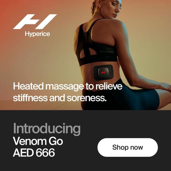 A high-contrast 1:1 square ad showcasing a wearable heated massage device applied to the lower back of a user, emphasizing pain relief benefits.